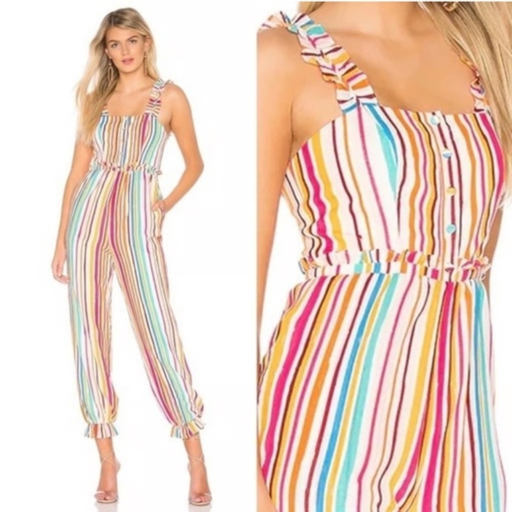 Tularosa Cream Multi-Striped Ruffled Strap Jumpsuit size S